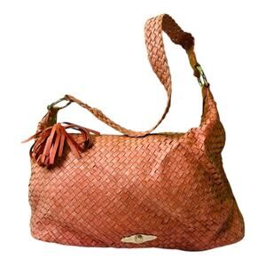 Elliott Lucca Womens Fringe Handbag Woven Shoulder Bag Coral Purse Goldware